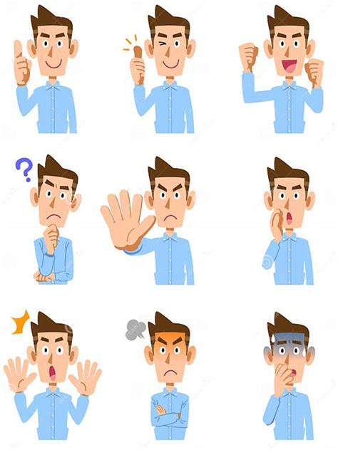 Nine Types Of Gestures And Facial Expressions For The Upper Body Of A Man In A Light Blue Shirt