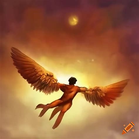 A Human Named Icarus Flying Towards The Sun With His Wings His Wings