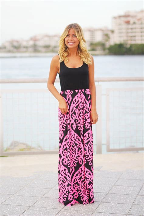 Black And Neon Pink Printed Maxi Dress Sleeveless Maxi Dress Saved