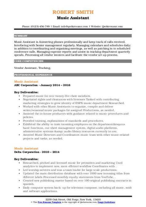 Music Assistant Resume Samples Qwikresume