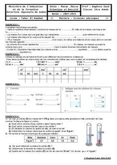 Controle Physique Chimie 5eme Masse Et Volume PDF Cours Exercices Examens