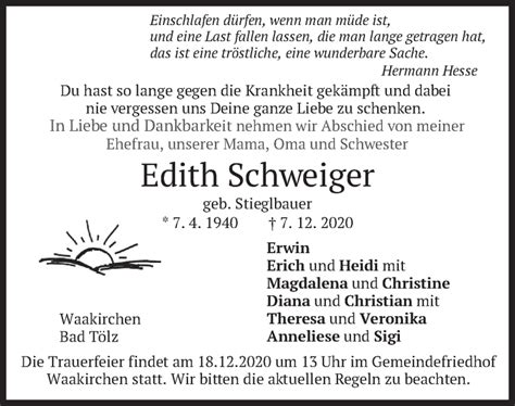 Traueranzeigen Von Edith Schweiger Trauer Merkur De