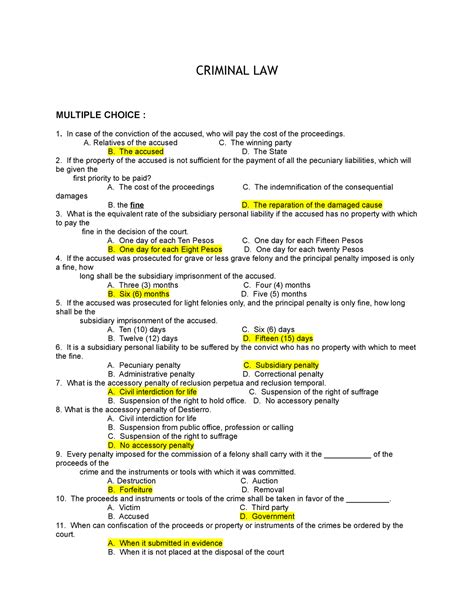 Criminal Law Practice Exam Criminal Law Multiple Choice In