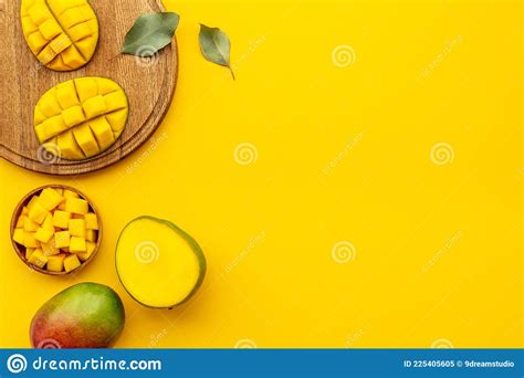 Mango Fruits And Mango Cubes In Bowl Tropical Breakfast Stock Image