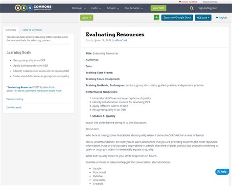 Evaluating Resources Oer Commons