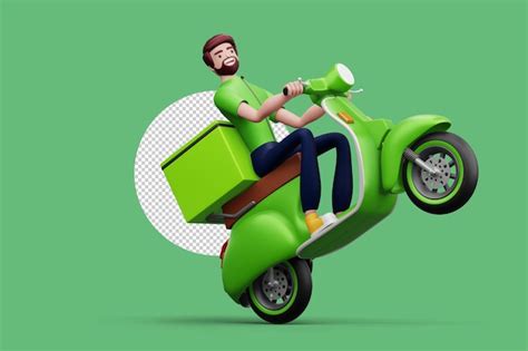 Premium PSD Delivery Man Riding A Motorcycle With Delivery Box 3d