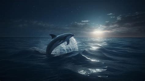 Un delfín saltando fuera del agua en la noche generativa ai Foto Premium