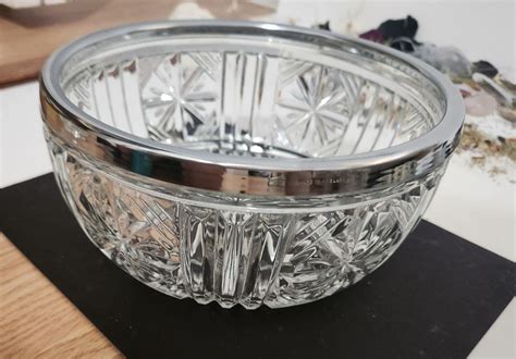 Vintage Leonard Italy Lead Crystal With Silver Plated Rim Serving Salad