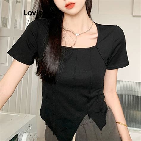 Lovito Casual Plain Structure Line Split Front T Shirt For Women