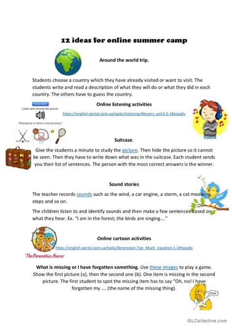 12 ideas for online summer camp: English ESL worksheets pdf & doc