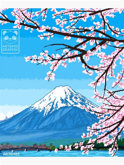 "Mount Fuji cherry blossoms beautiful scenery landscape in pixel art" Sticker for Sale by ...