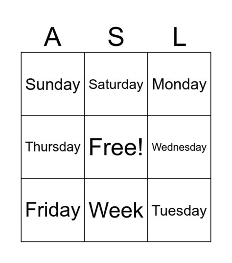 ASL Days Of The Week Bingo Card