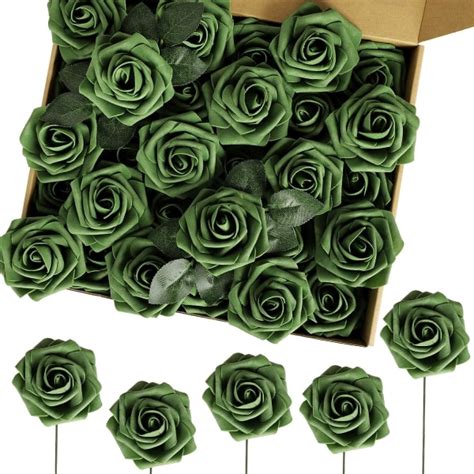 60st Konstgjorda Blommor Real Looking Army Green Foam Falska Rosor Med