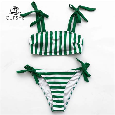 Aliexpress Buy CUPSHE Green And White Striped Tied Bow Bikini