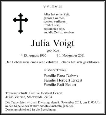 Alle Traueranzeigen für Julia Voigt trauer rp online de