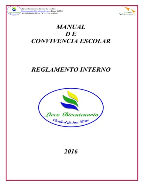 Manual De Convivencia Escolar Reglamento Interno 2016