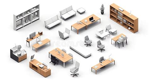 Set Of Isometric Office Furniture With Desk And Chair Icons Stock