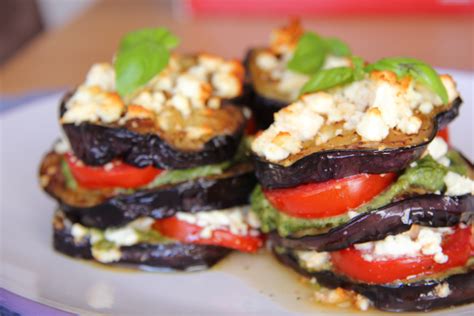 Grilled Eggplant Stacks With Tomato Basil Pesto And Feta Divalicious Recipes