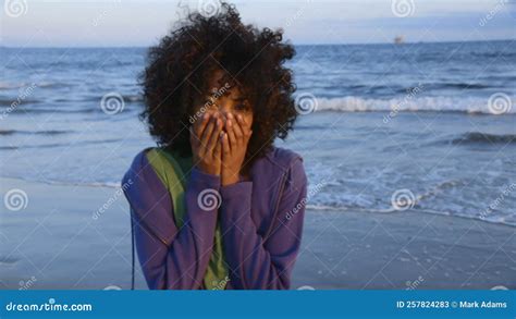 Portrait Of Woman Acting Embarrassed At Beach Stock Video Video Of