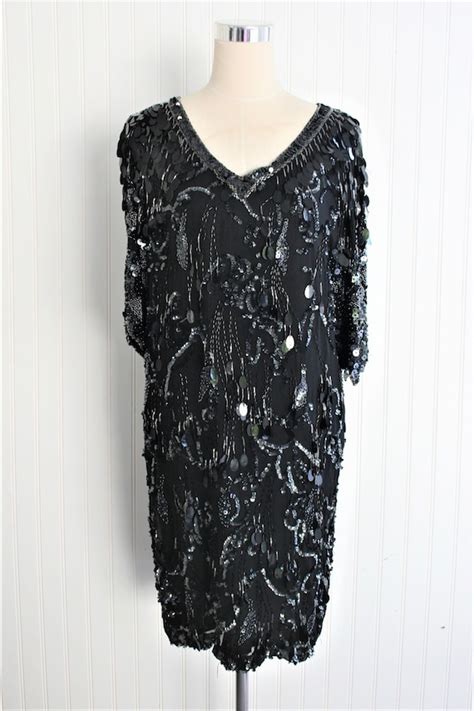 1980 1990s Beaded Sequin Sheath Gatsby Fringe Gem