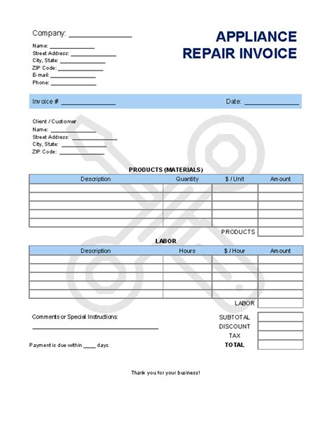 Appliance Repair Invoice Template Invoice Generator