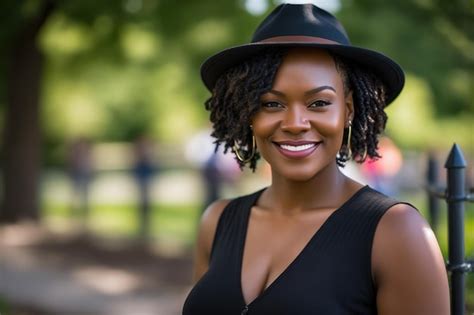 Premium AI Image A Woman Wearing A Black Hat And A Black Dress Smiles