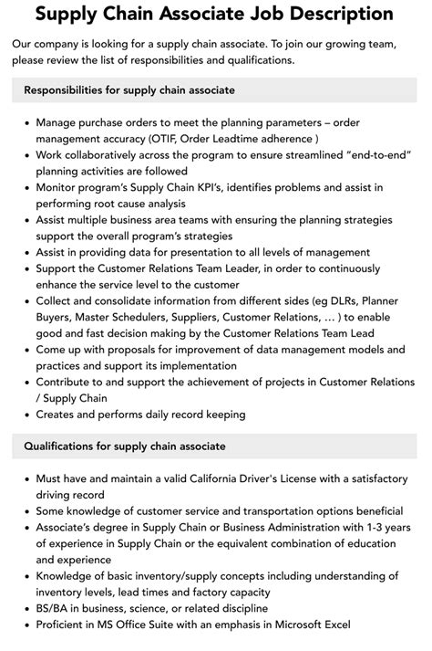 Supply Chain Associate Job Description Velvet Jobs