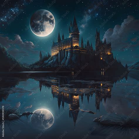 ภาพประกอบสต็อก Hogwarts Castle At Night With Lots Of Stars In The Sky A