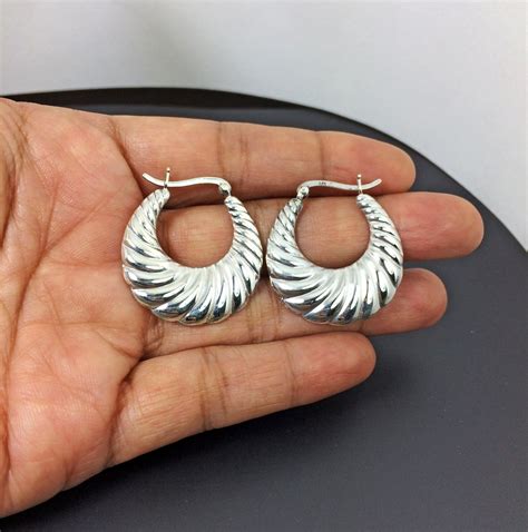 Shell Textured Hoop Earrings 925 Sterling Silver Textured Earrings