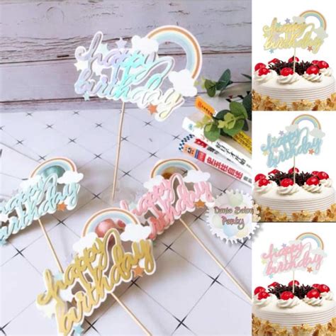 Jual Cake Topper Happy Birthday Awan Pelangi Tulisan Sambung Tusukan