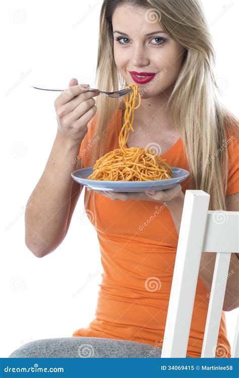 Young Woman Eating Spaghetti Pasta Stock Image Image Of Eating Slim 34069415