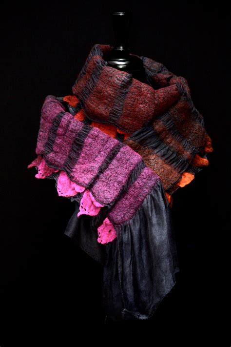 Hand Dyed Silk Mesh Scarf Hand Felted With Fine Merino Wool Reversible