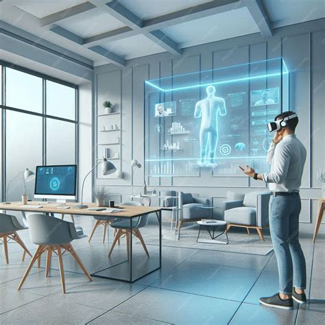 Modern Workroom with Virtual Reality Meeting HighTech VR Office