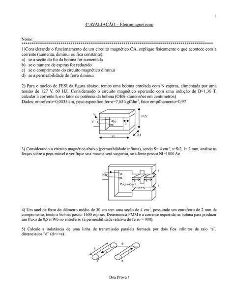 Prova 18 Abril 2019 questões 1 4a Eletromagnetismo 1 Considerando o