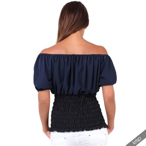 Women Off Shoulder Shirred Elastic Fit High Waist Chiffon Gypsy Top