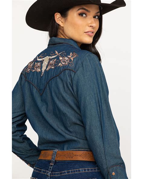 Scully Womens Rose Embroidered Denim Western Shirt Sheplers