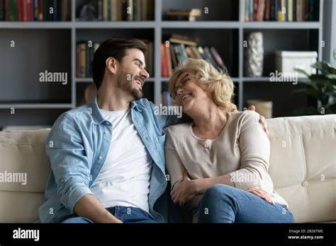 Happy Mature Mother Relax Having Fun With Adult Son Stock Photo Alamy