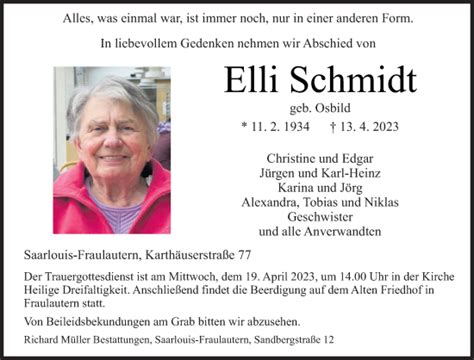 Traueranzeigen Von Elli Schmidt Saarbruecker Zeitung Trauer De