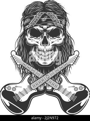 Vector Illustration Of Skull And Crossed Guitar On White Background