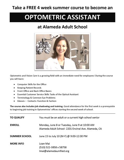 Optometric Assistant 4 week summer course - Northern Alameda Adult Education Collective