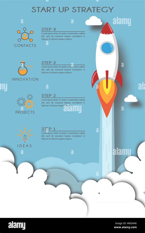 Flat Design Of Rocket Launch Start Up Strategy Infographic Stock Photo