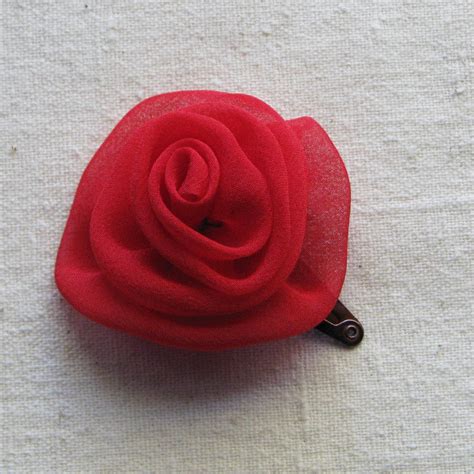 Red Rose Hair Clip In Bright Red Silk Chiffon Fabric Small Etsy