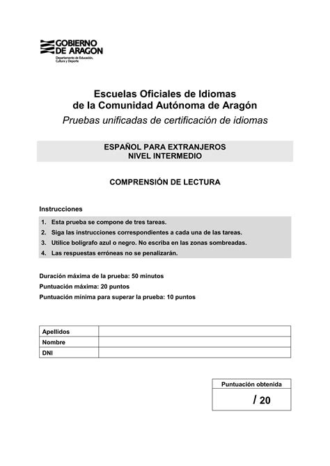 Comprensi N De Lectura Certificaci N Nivel Intermedio B Espa Ol Eoi