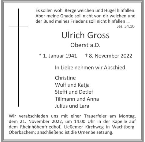 Traueranzeigen Von Ulrich Gross Ga Trauer De