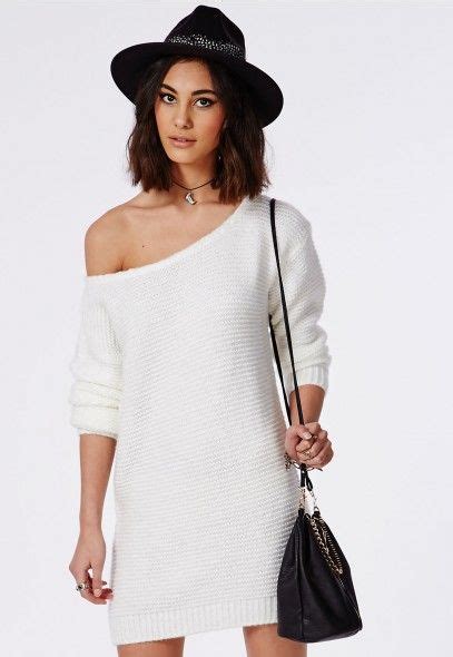 Off Shoulder Knitted Sweater Dress Cream Knitwear Missguided