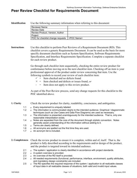 Peer Review Checklist For Requirements Document