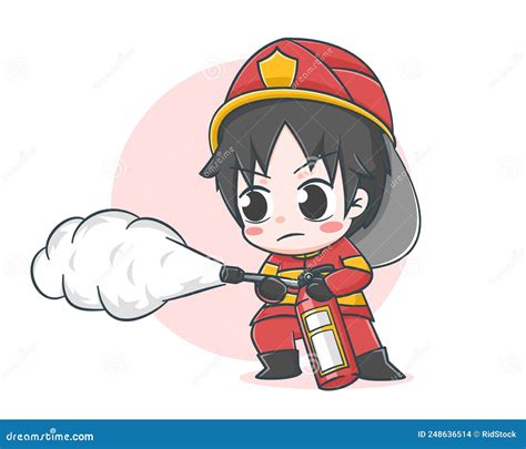 Cute Fireman Using A Fire Extinguisher Cartoon Illustration Stock