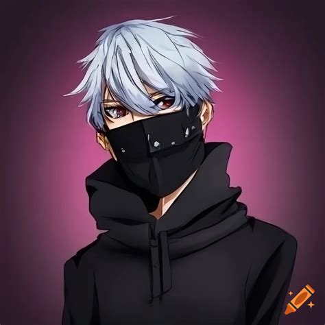 Detailed image of anime boy with white hair wearing a black mask with detailed teeth design with ...