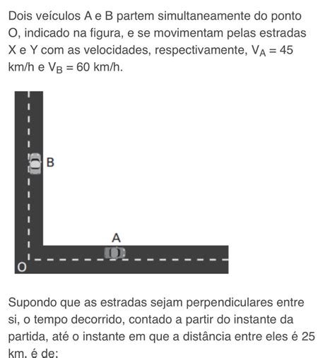 Dois veículos A e B partem simultaneamente do ponto O indicado na