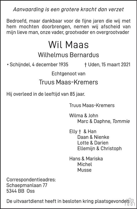 Wil Wilhelmus Bernardus Maas Overlijdensbericht En